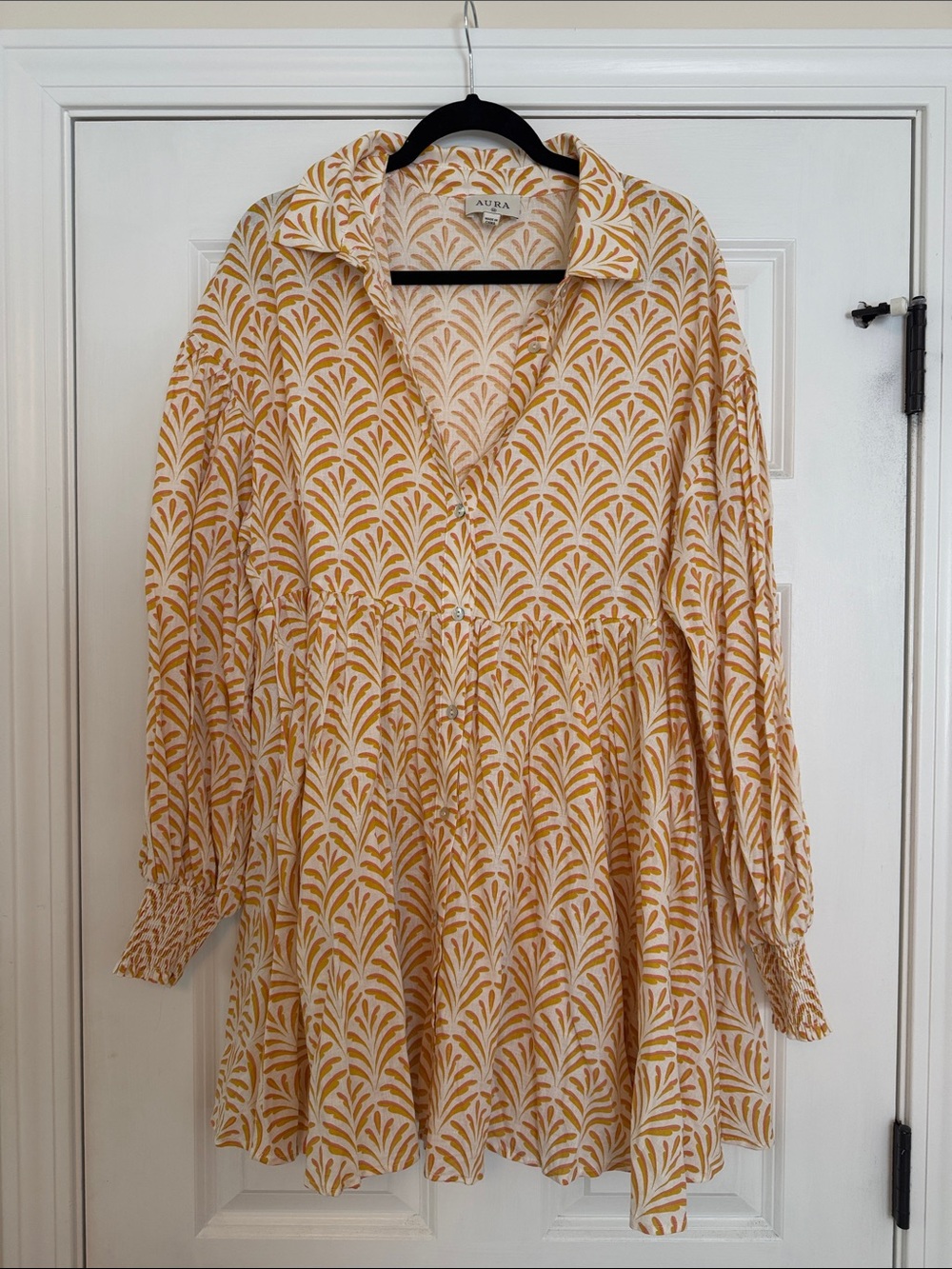 Aura Mustard & Cream Printed Button-Front Mini Dress